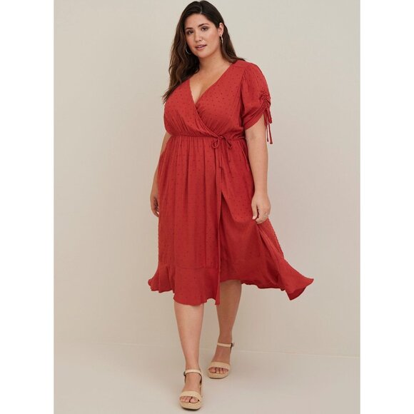 Torrid Midi Swiss Faux Wrap Flowy Linen Surplice Dress Size 0 (12, LARGE) - Picture 3 of 11